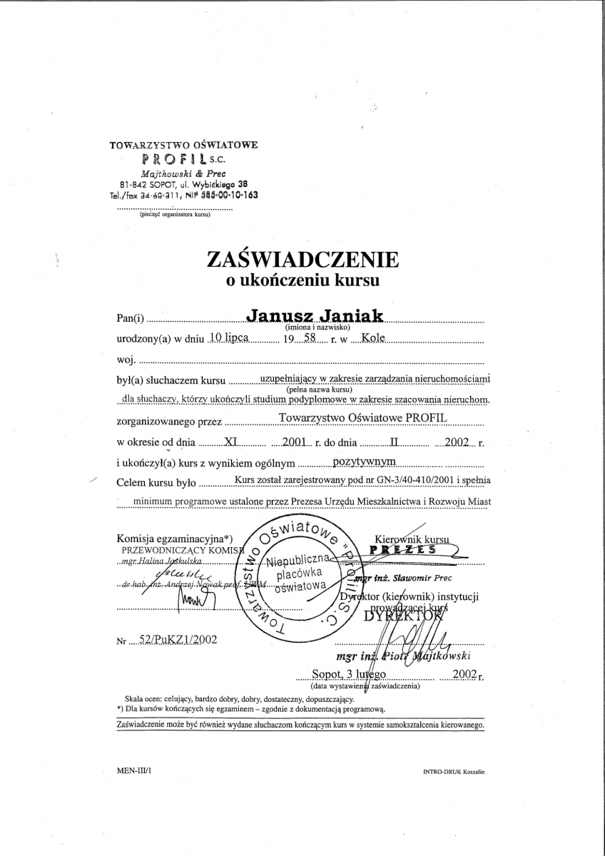 zaświadczenie o ukończeniu kursu w zakresie zarządzania nieruchomościami