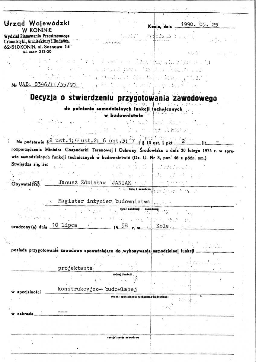 decyzja o nadaniu uprawnień do projektowania w specjalności konstrukcyjno-budowlanej bez ograniczeń 1