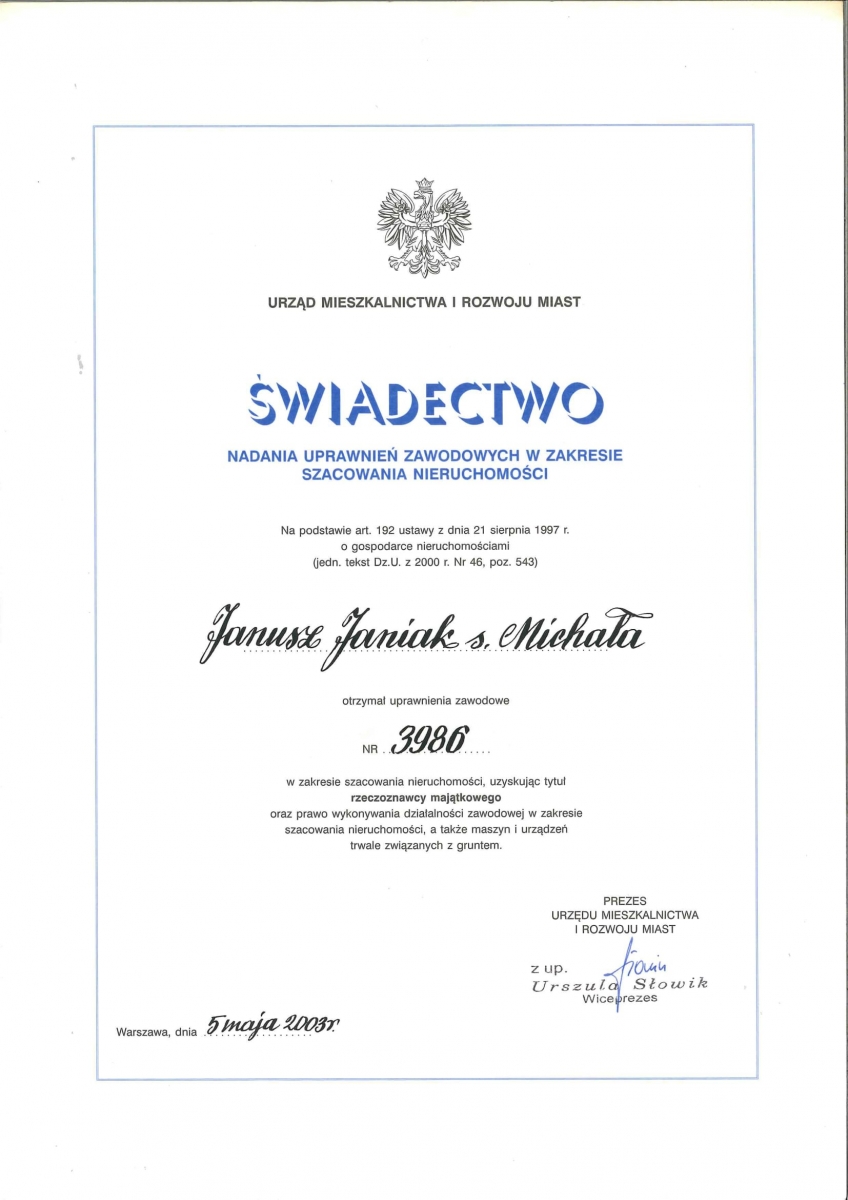 świadectwo o nadaniu uprawnień zawodowych w zakresie szacowania nieruchomościami
