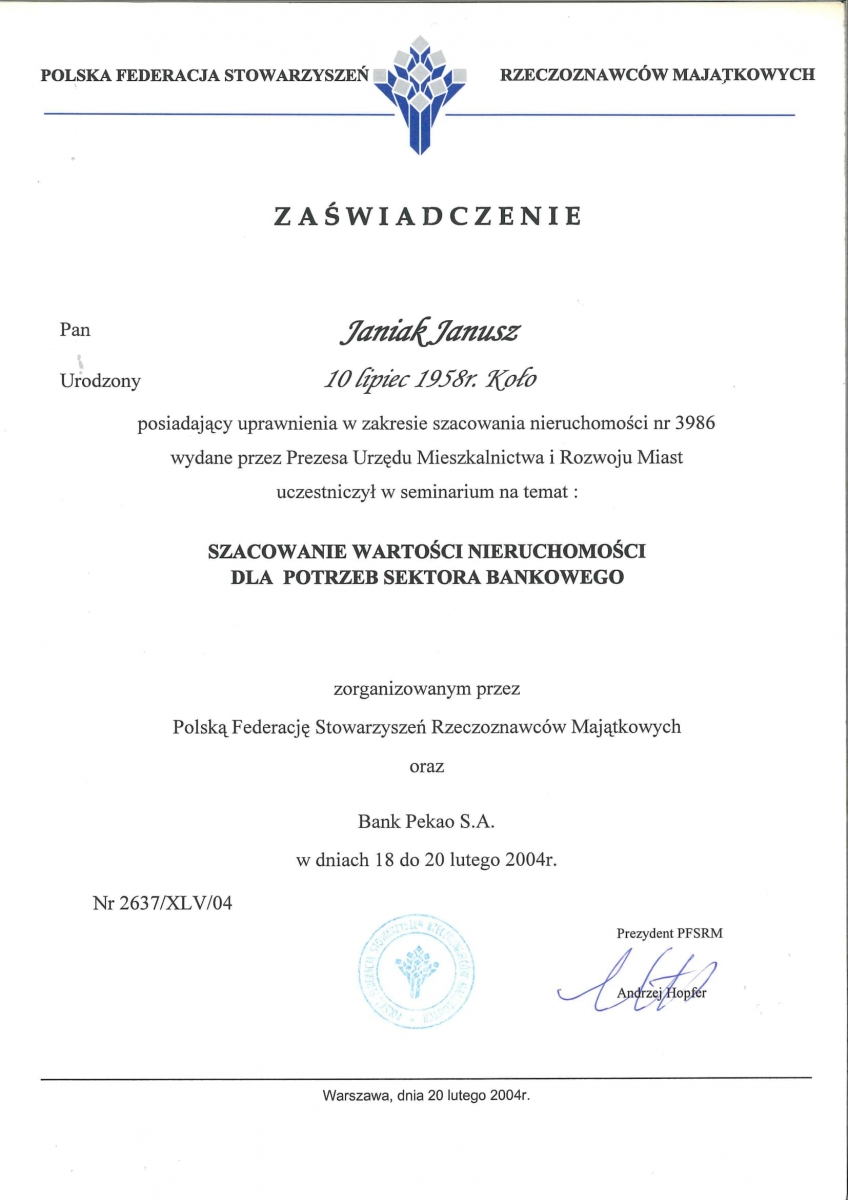 zaświadczenie o ukończeniu seminarium na temat szacowania wartości nieruchomości dla potrzeb sektora bankowego