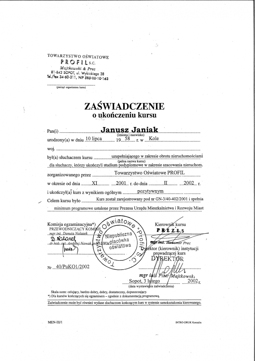 zaświadczenie o ukończeniu kursu w zakresie obrotu nieruchomościami
